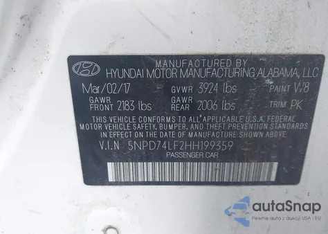 2017 Hyundai Elantra Se z USA, uszkodzony, nr VIN 5NPD74LF2HH199359